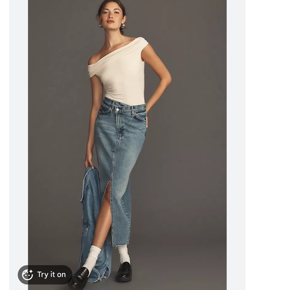 $168 Reformation Nila Long Denim Jean Skirt Blue Crossover Waist Midi Slit 26 4 - Picture 7 of 15